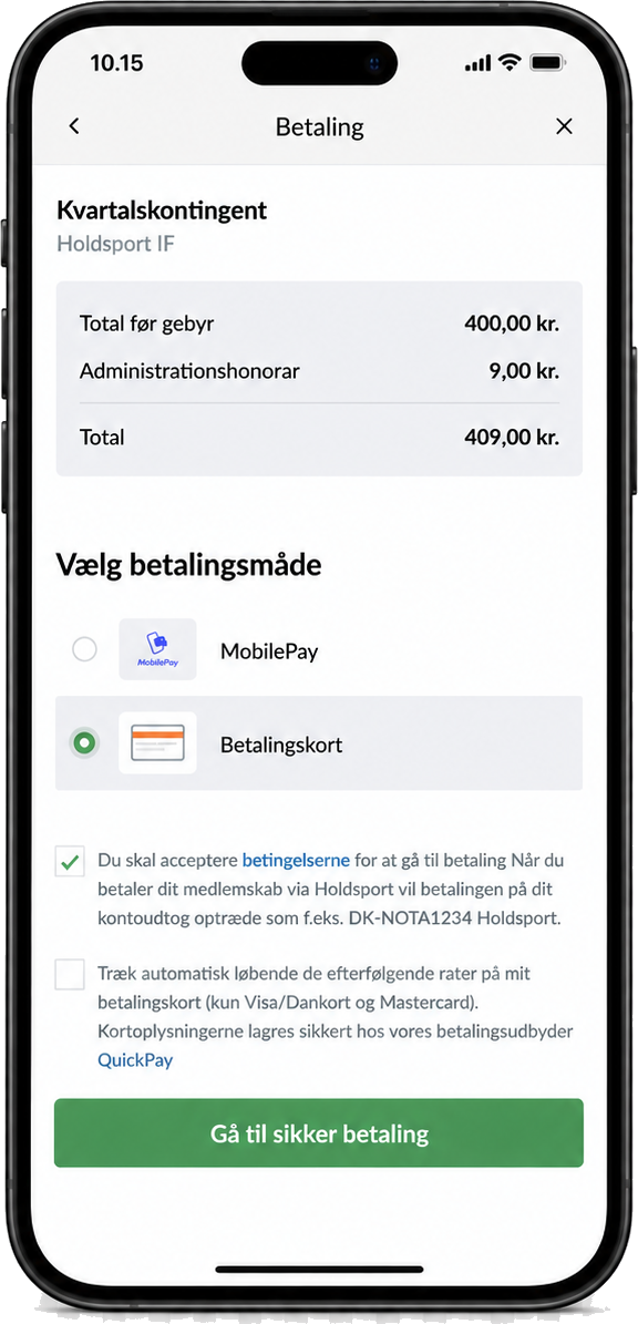 Holdsport-appen: betaling af kontingent med MobilePay