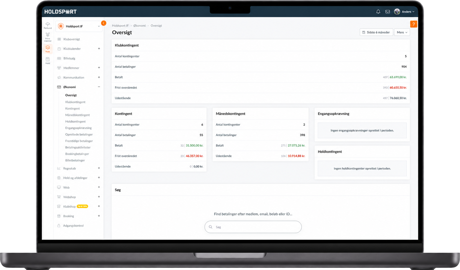 Økonomioverblik i Holdsports webadministration – indbetalinger og restancer